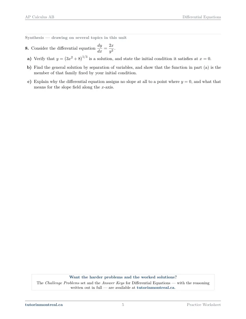 Page 5 of the AP Calculus AB Differential Equations practice worksheet