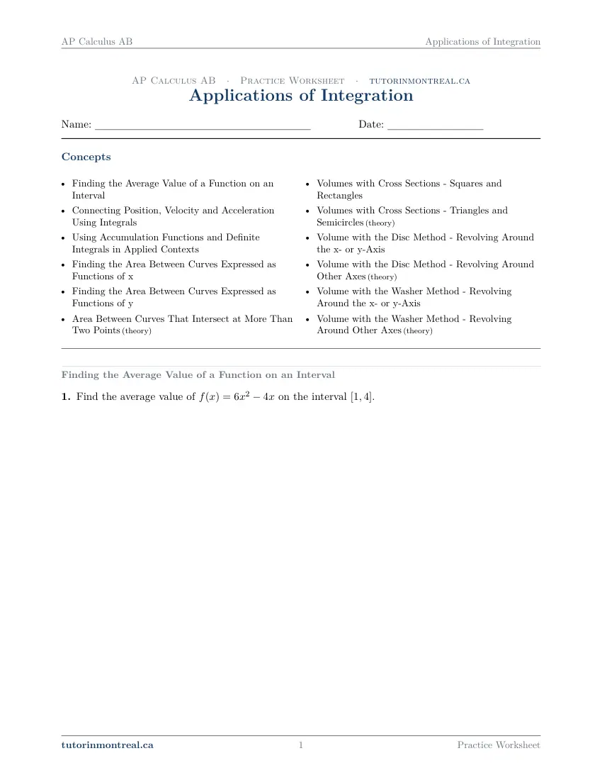 Page 1 of the AP Calculus AB Applications of Integration practice worksheet