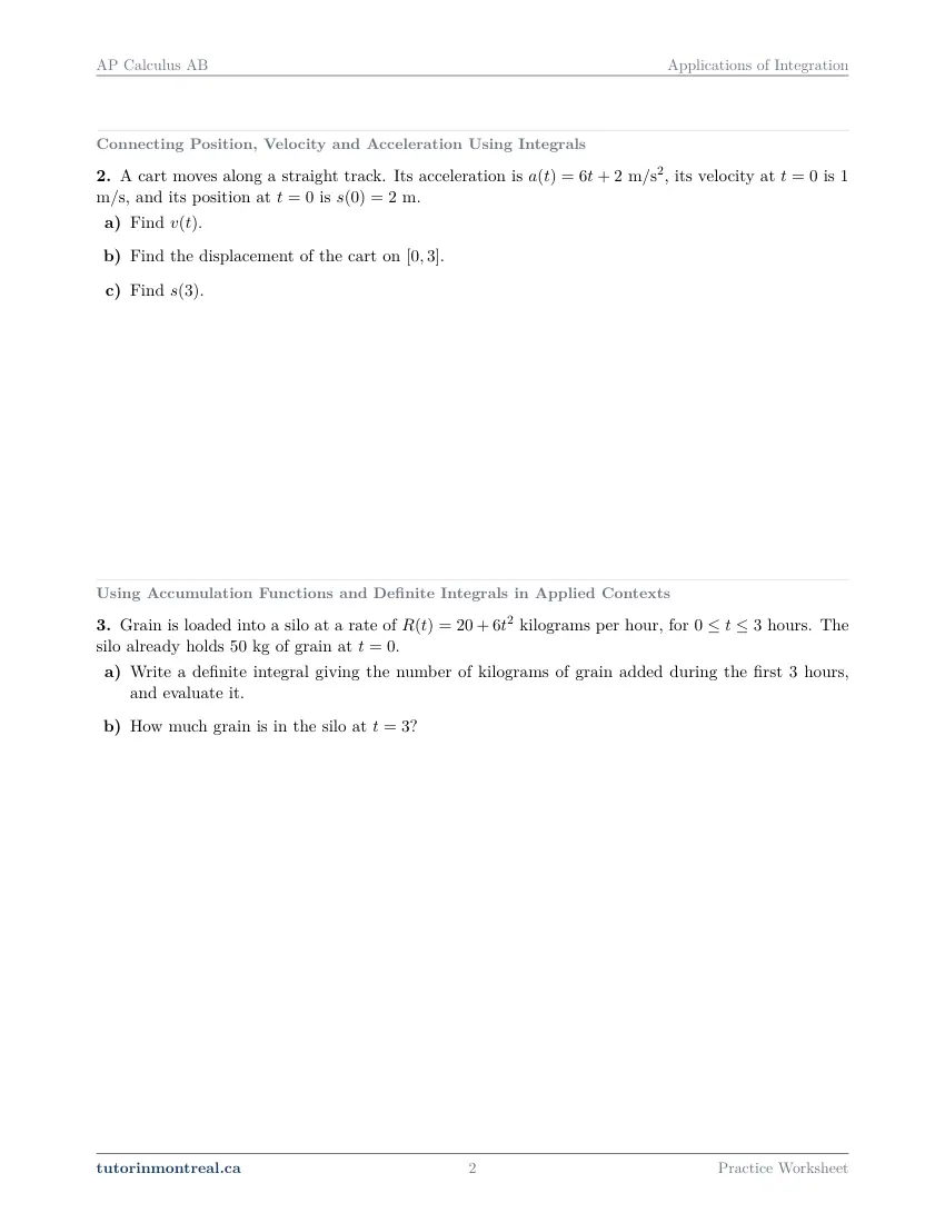 Page 2 of the AP Calculus AB Applications of Integration practice worksheet