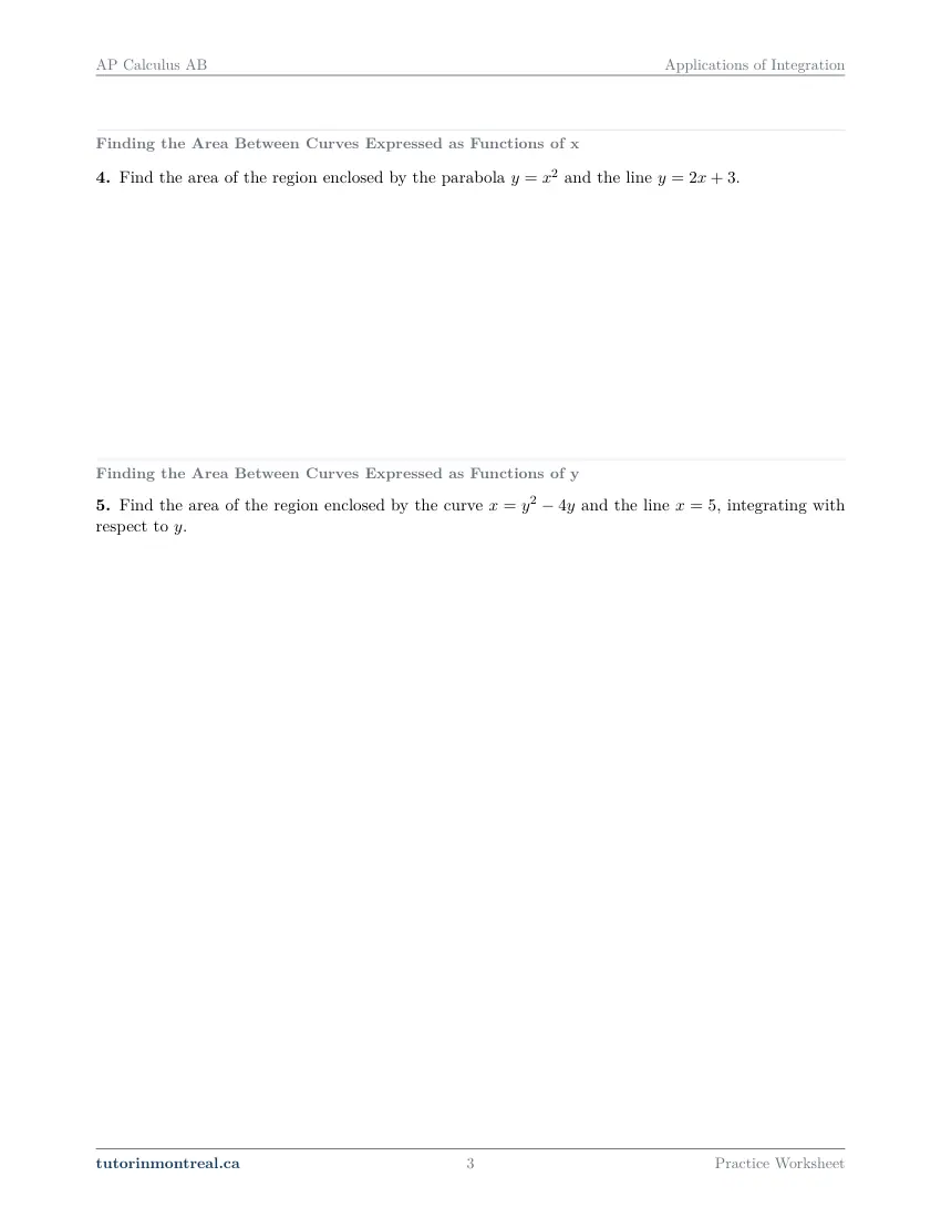 Page 3 of the AP Calculus AB Applications of Integration practice worksheet