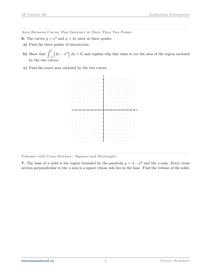 Page 4 of the AP Calculus AB Applications of Integration practice worksheet