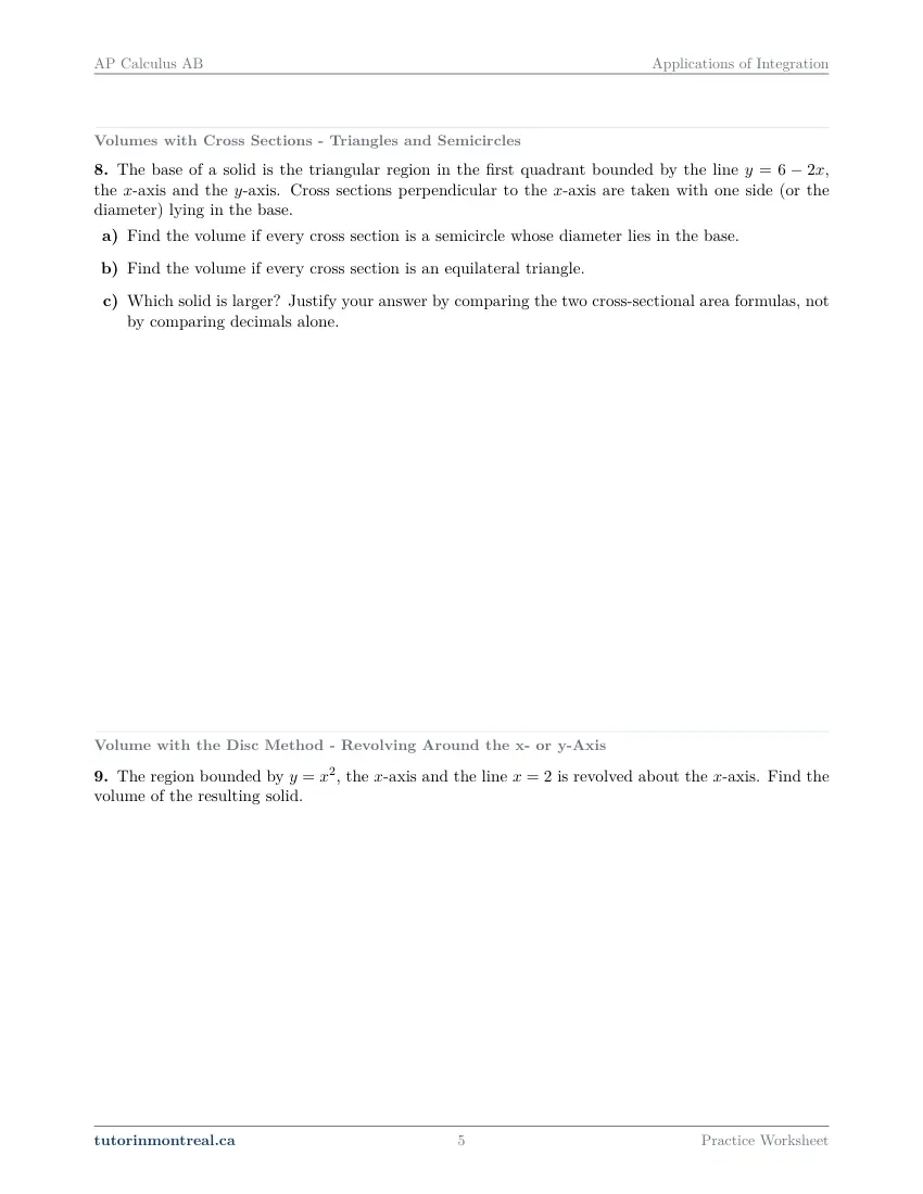 Page 5 of the AP Calculus AB Applications of Integration practice worksheet