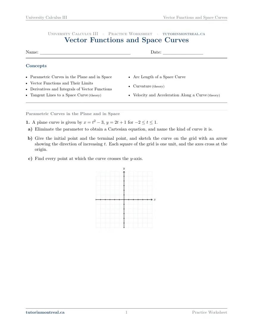 Page 1 of the University Calculus III Vector Functions and Space Curves practice worksheet