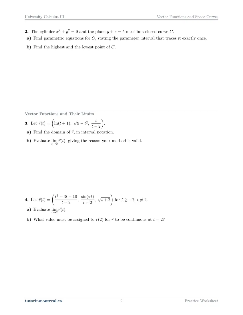Page 2 of the University Calculus III Vector Functions and Space Curves practice worksheet