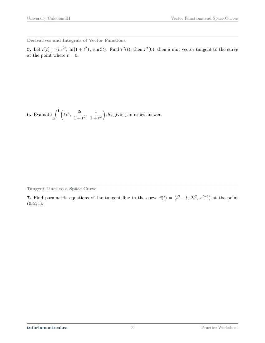 Page 3 of the University Calculus III Vector Functions and Space Curves practice worksheet