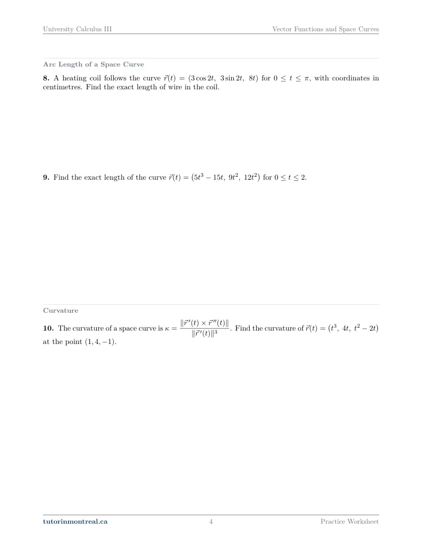 Page 4 of the University Calculus III Vector Functions and Space Curves practice worksheet