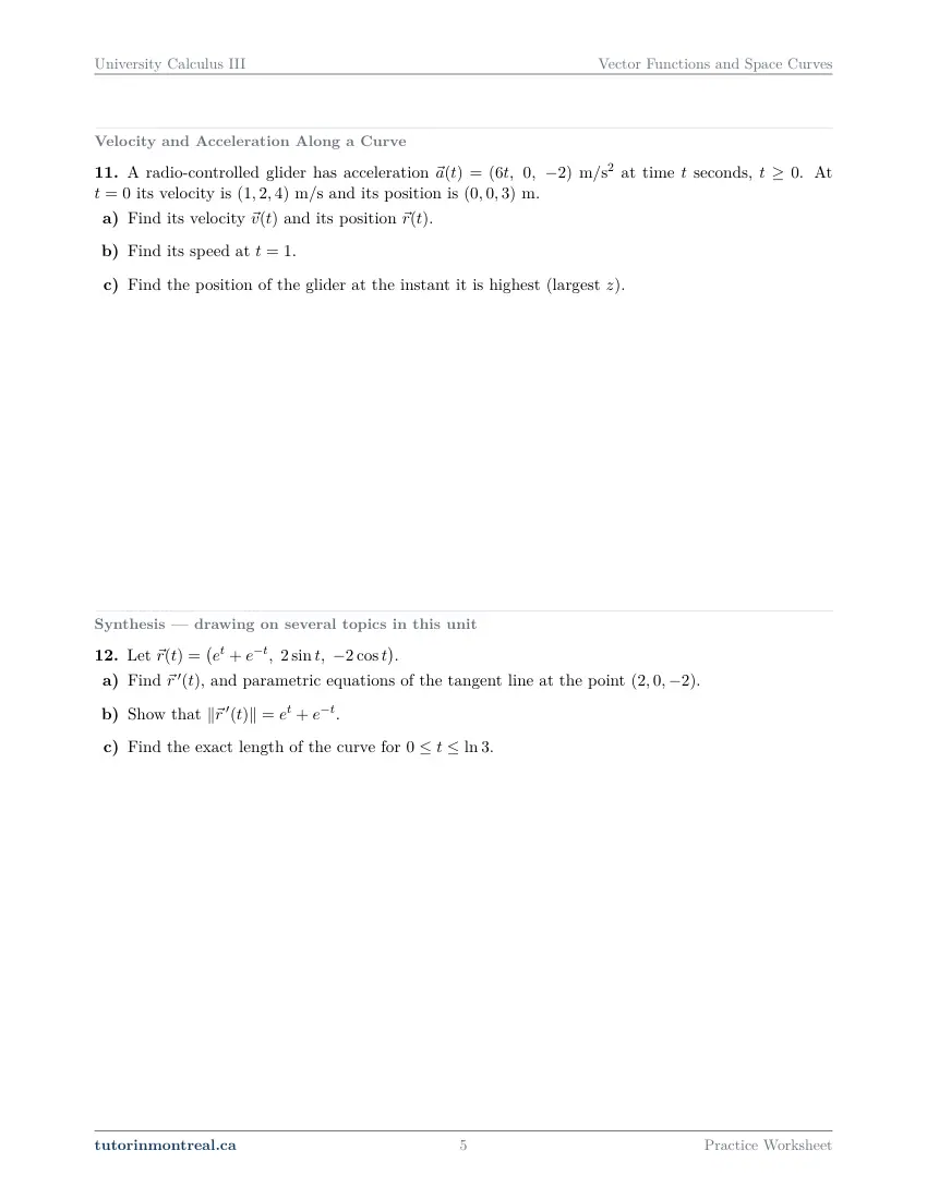 Page 5 of the University Calculus III Vector Functions and Space Curves practice worksheet