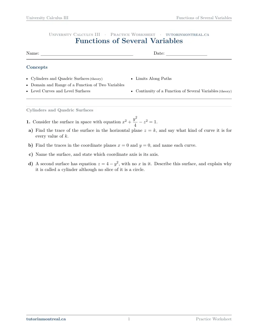 Page 1 of the University Calculus III Functions of Several Variables practice worksheet