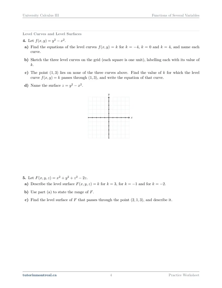 Page 4 of the University Calculus III Functions of Several Variables practice worksheet