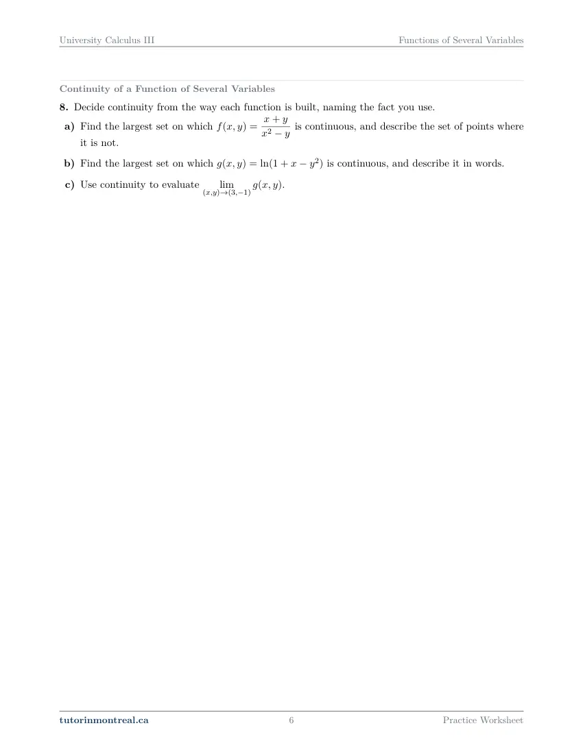 Page 6 of the University Calculus III Functions of Several Variables practice worksheet