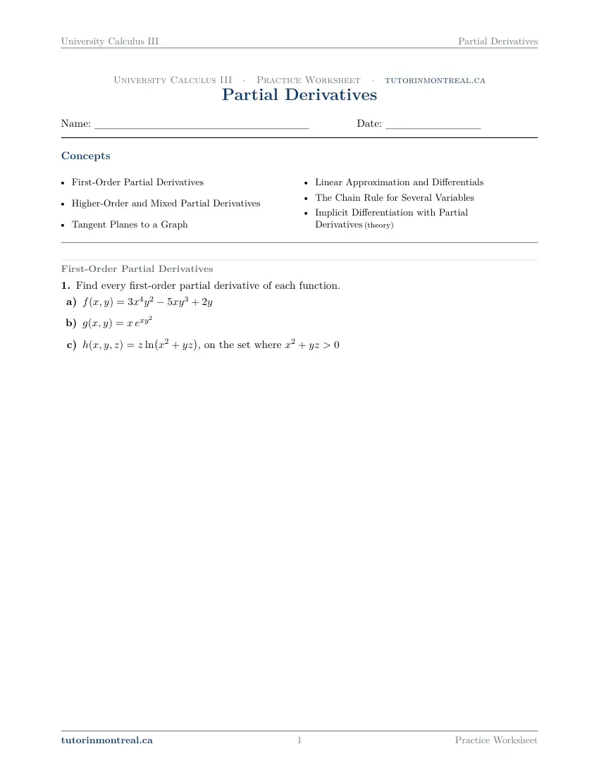 Page 1 of the University Calculus III Partial Derivatives practice worksheet