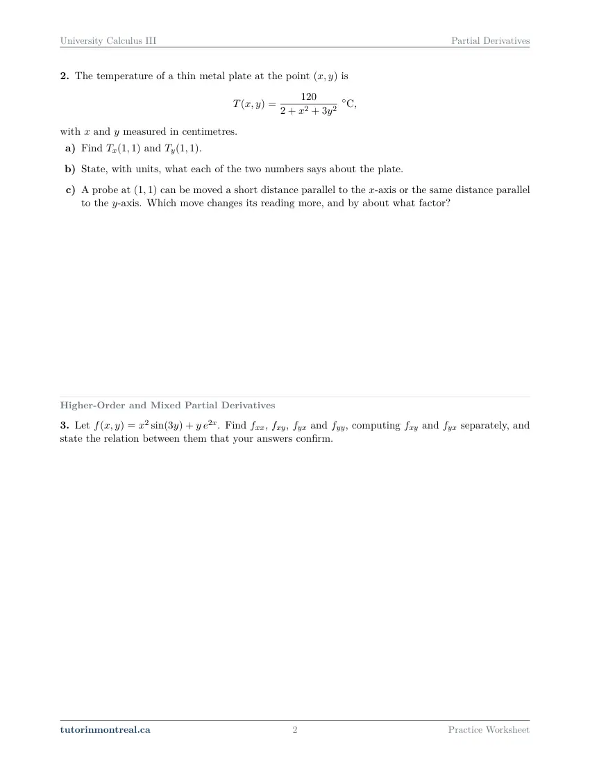 Page 2 of the University Calculus III Partial Derivatives practice worksheet