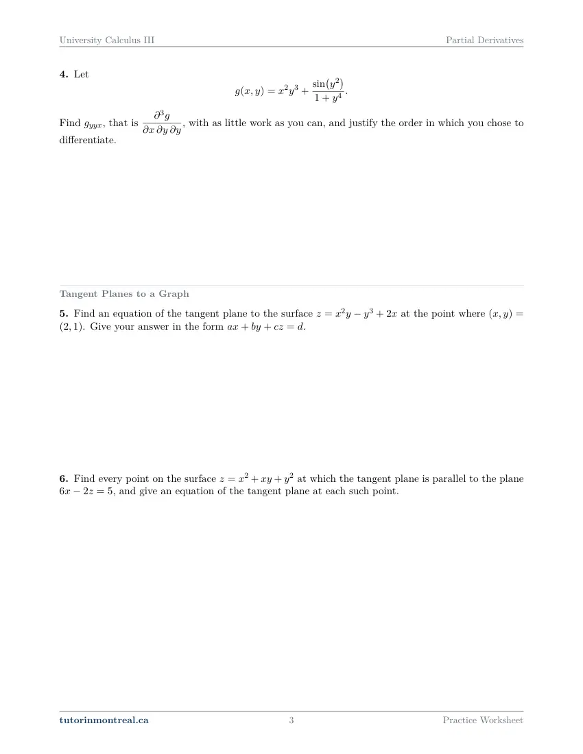 Page 3 of the University Calculus III Partial Derivatives practice worksheet