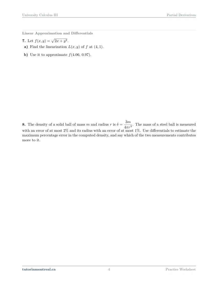 Page 4 of the University Calculus III Partial Derivatives practice worksheet