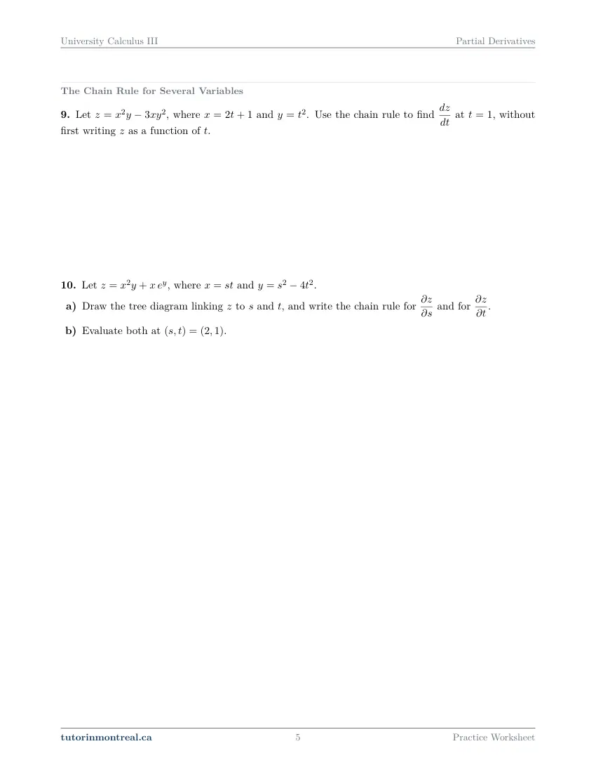 Page 5 of the University Calculus III Partial Derivatives practice worksheet
