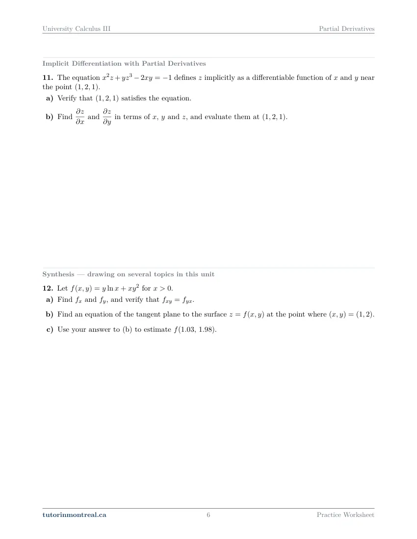 Page 6 of the University Calculus III Partial Derivatives practice worksheet