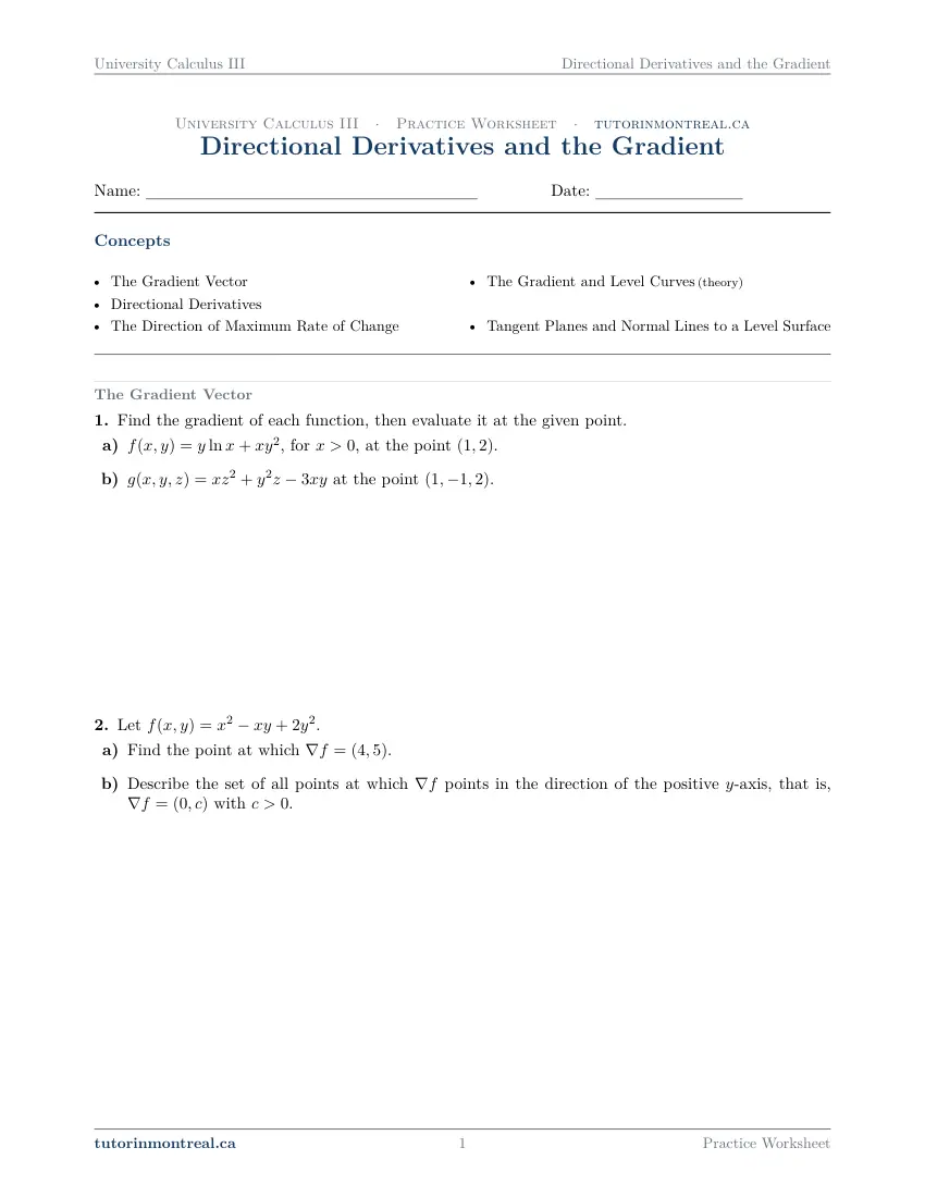 Page 1 of the University Calculus III Directional Derivatives and the Gradient practice worksheet