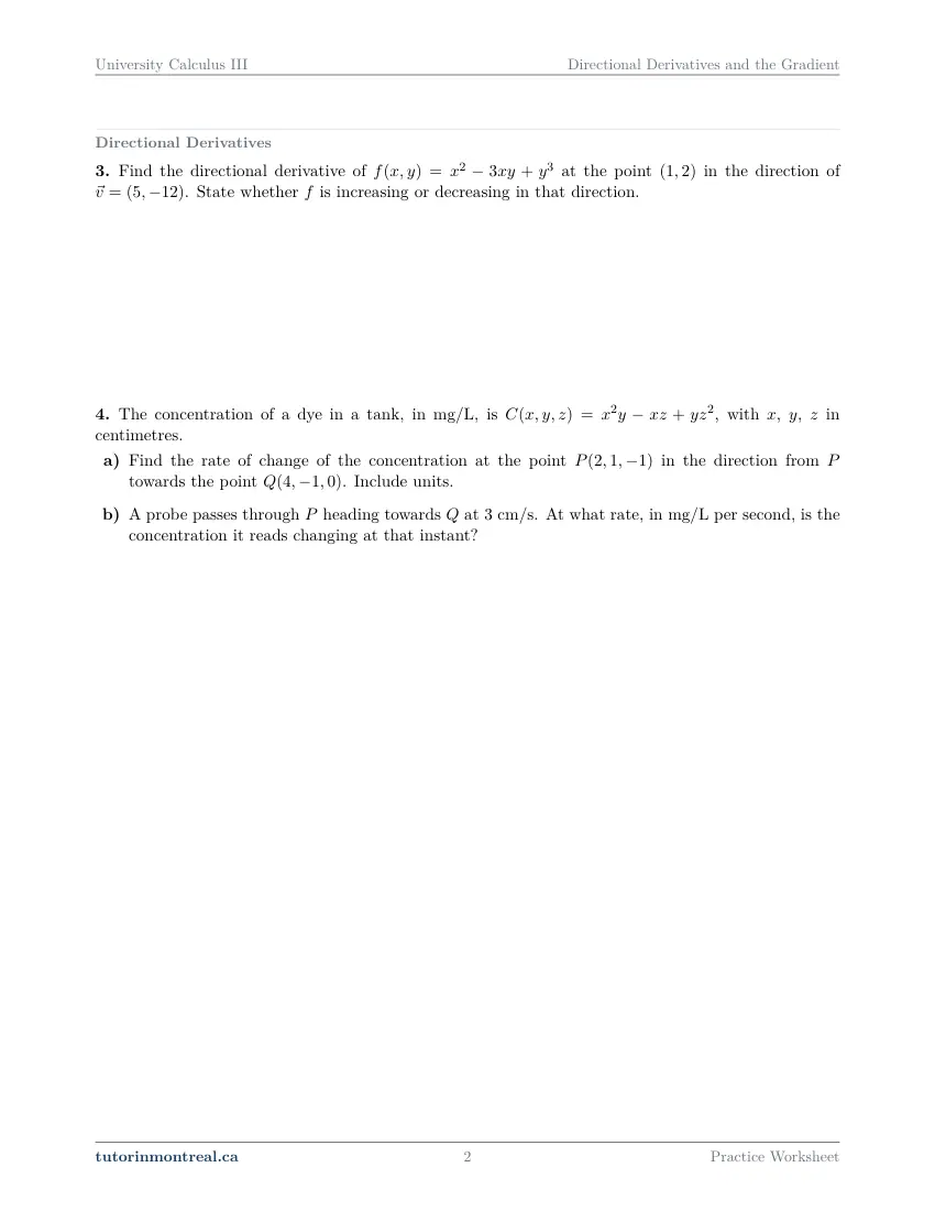 Page 2 of the University Calculus III Directional Derivatives and the Gradient practice worksheet