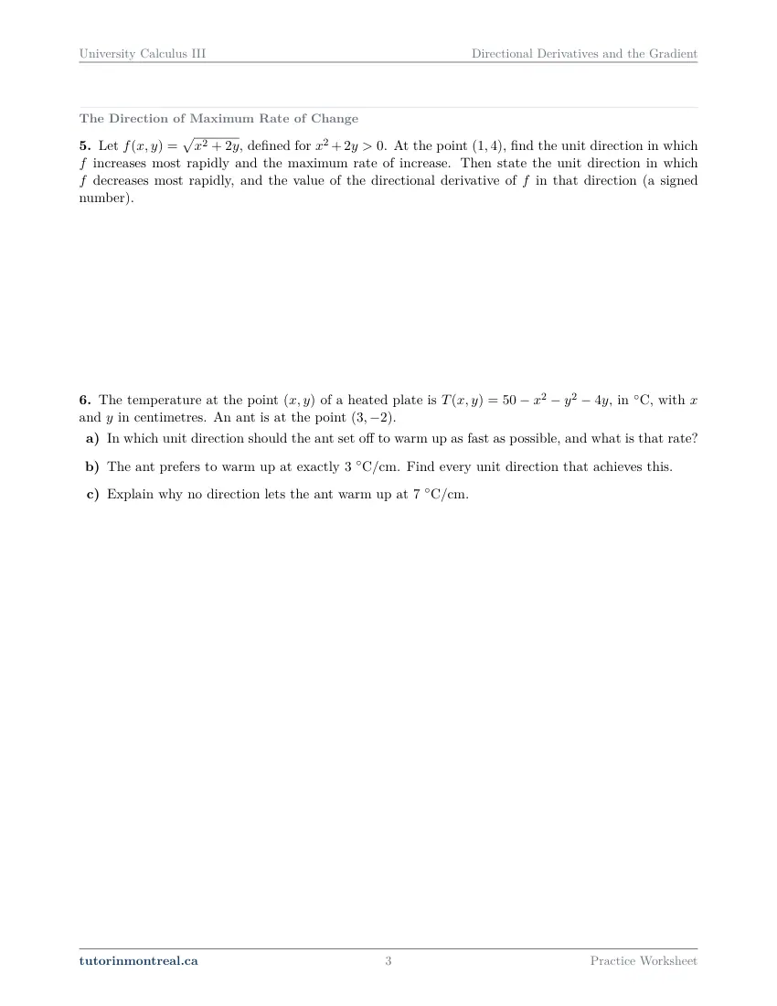 Page 3 of the University Calculus III Directional Derivatives and the Gradient practice worksheet