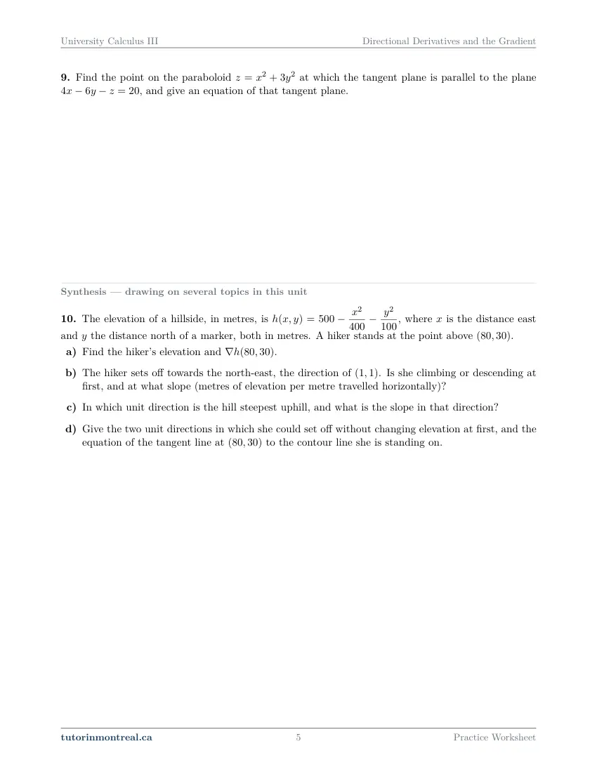 Page 5 of the University Calculus III Directional Derivatives and the Gradient practice worksheet