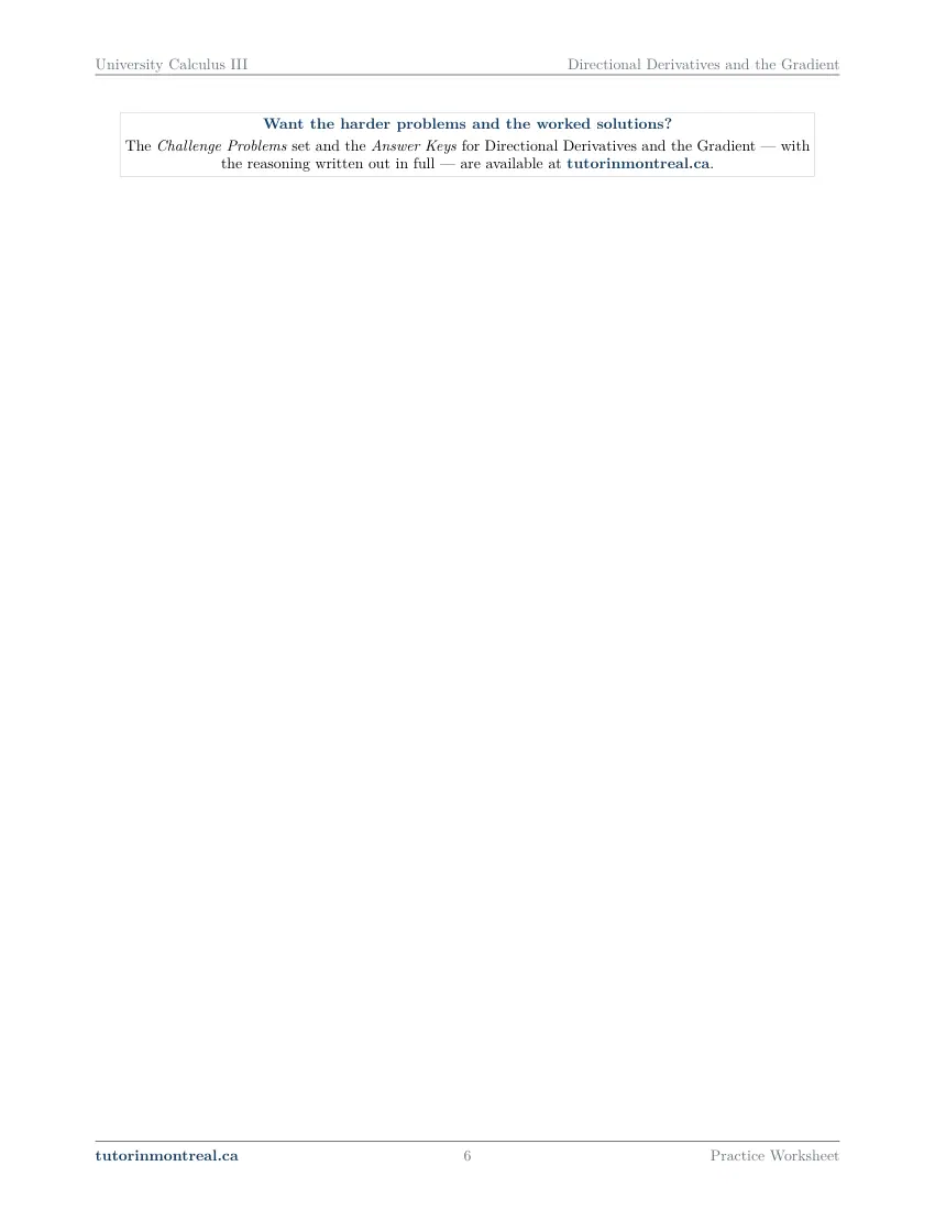 Page 6 of the University Calculus III Directional Derivatives and the Gradient practice worksheet