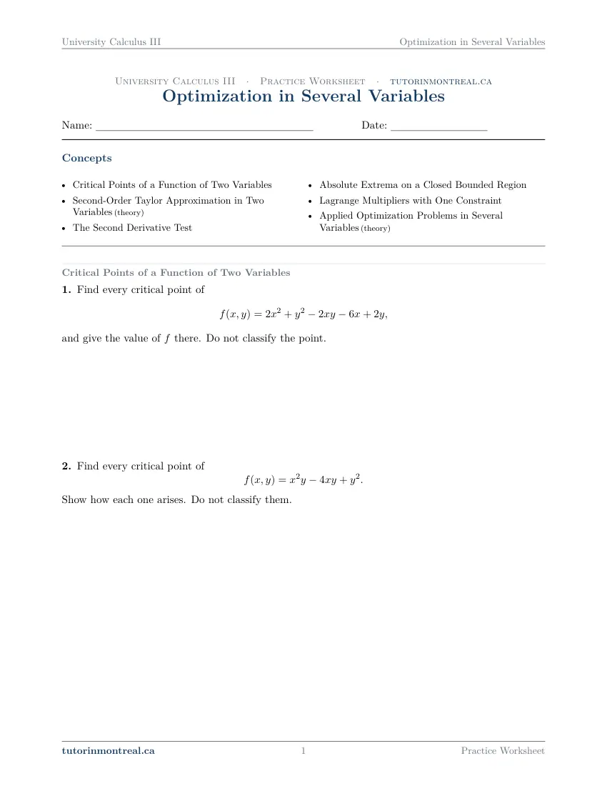 Page 1 of the University Calculus III Optimization in Several Variables practice worksheet