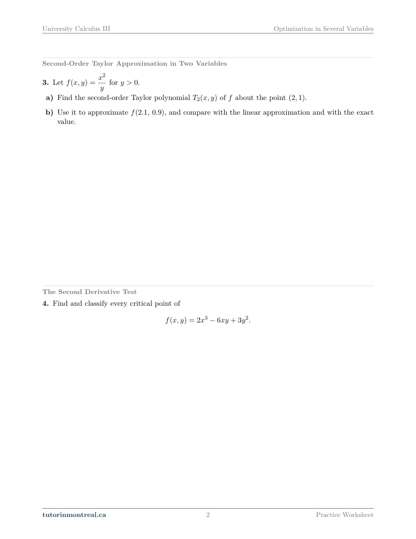 Page 2 of the University Calculus III Optimization in Several Variables practice worksheet