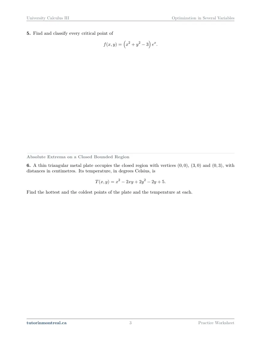 Page 3 of the University Calculus III Optimization in Several Variables practice worksheet