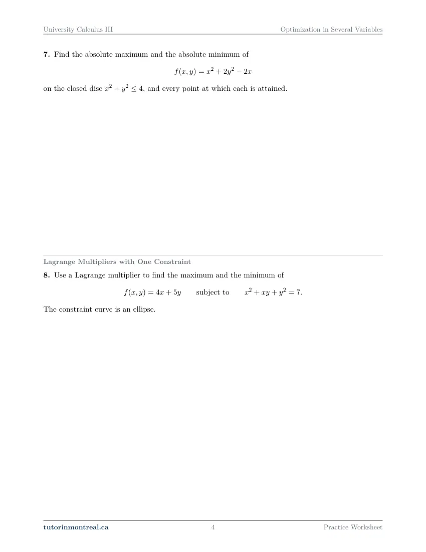 Page 4 of the University Calculus III Optimization in Several Variables practice worksheet