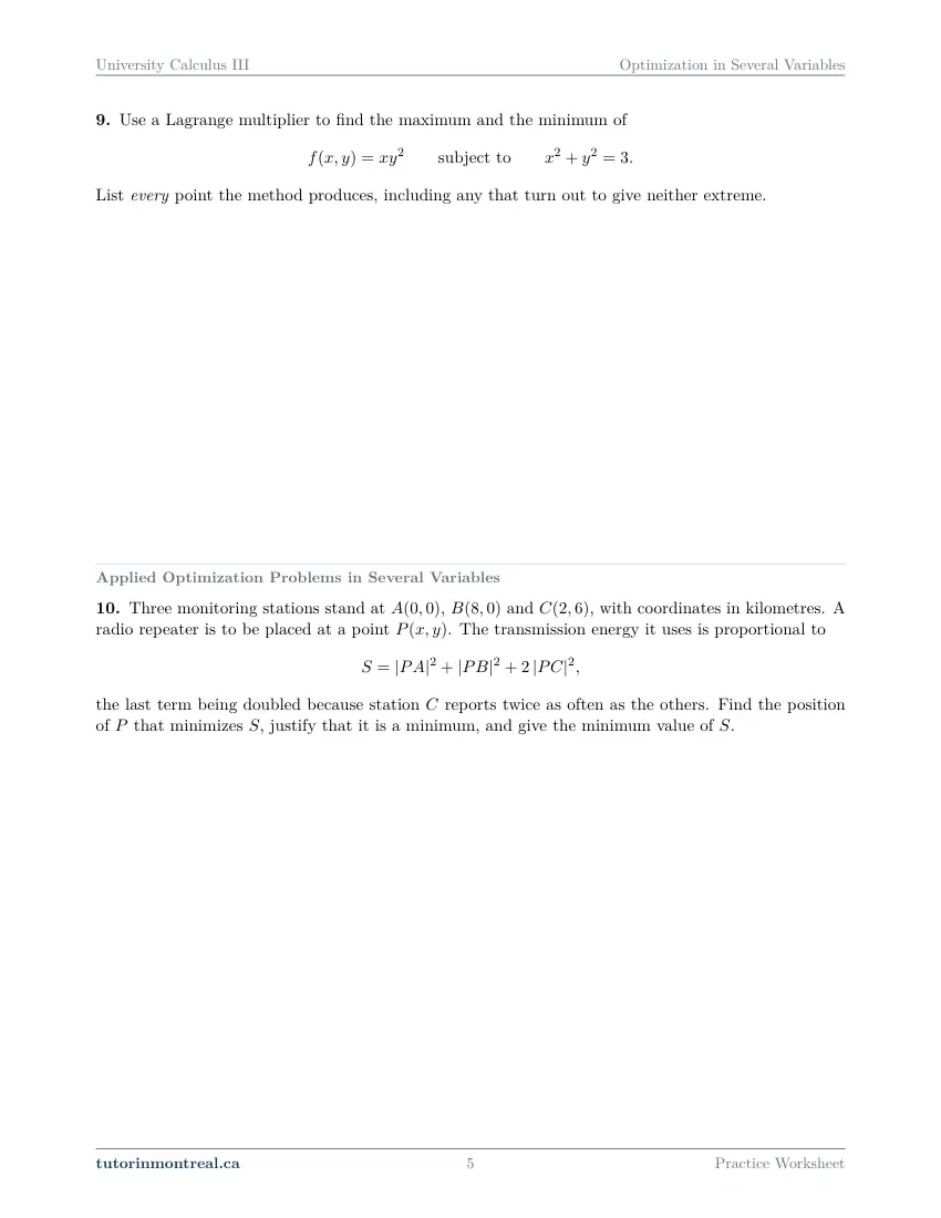 Page 5 of the University Calculus III Optimization in Several Variables practice worksheet