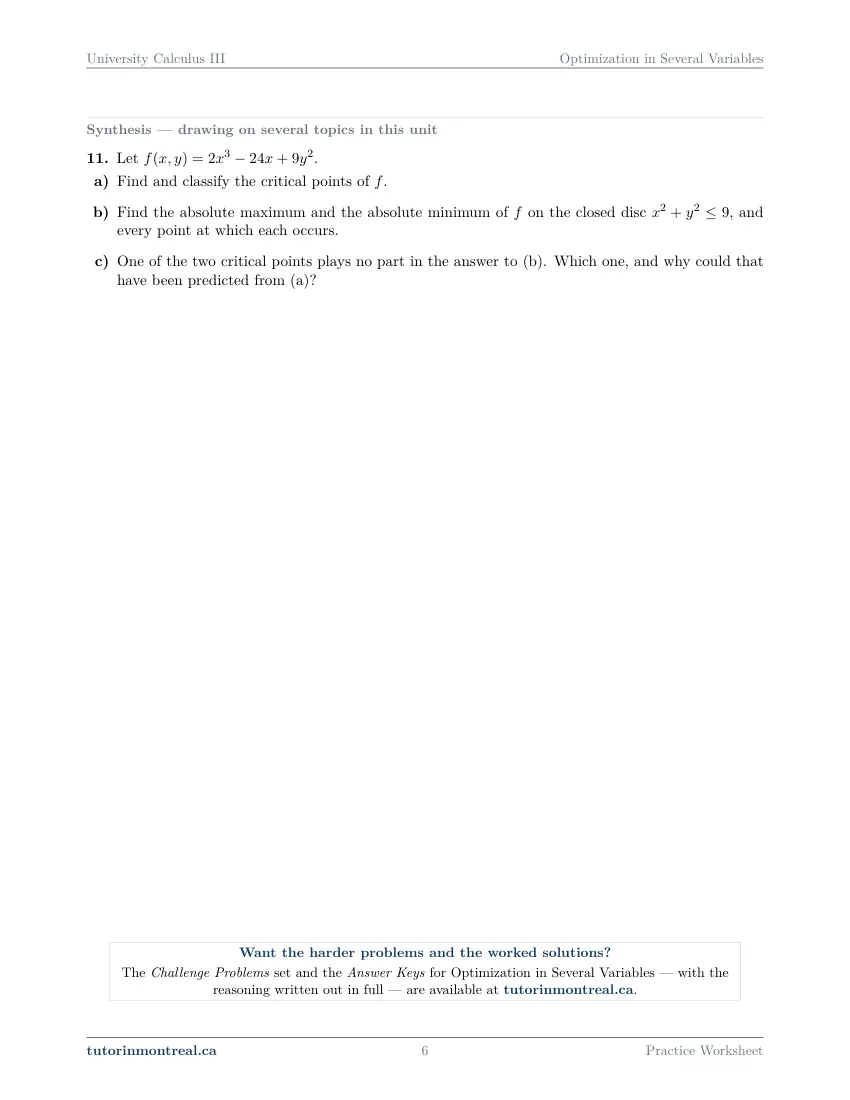 Page 6 of the University Calculus III Optimization in Several Variables practice worksheet
