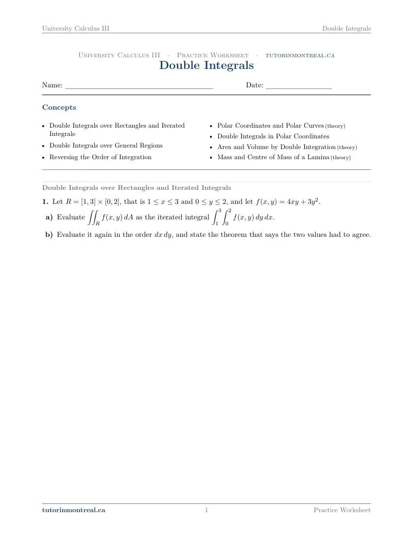 Page 1 of the University Calculus III Double Integrals practice worksheet