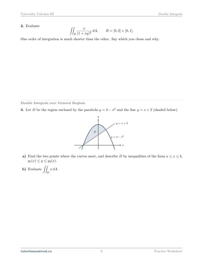 Page 2 of the University Calculus III Double Integrals practice worksheet