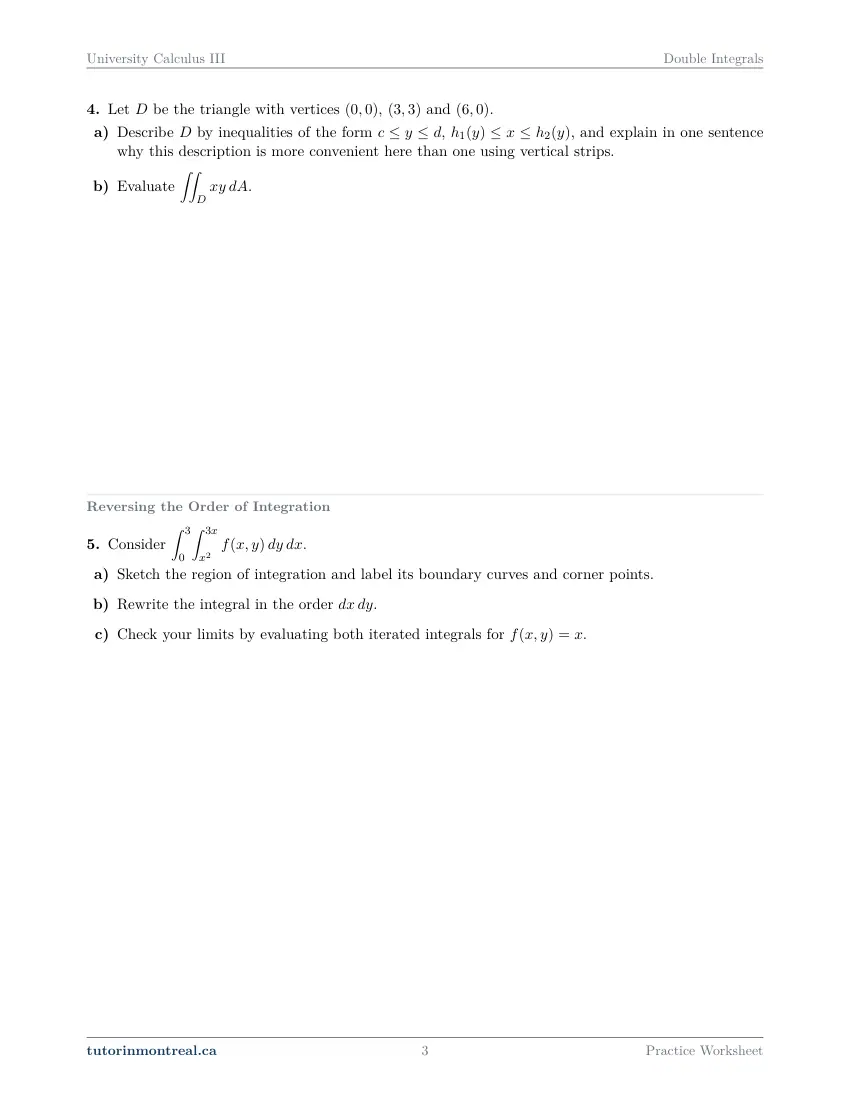 Page 3 of the University Calculus III Double Integrals practice worksheet