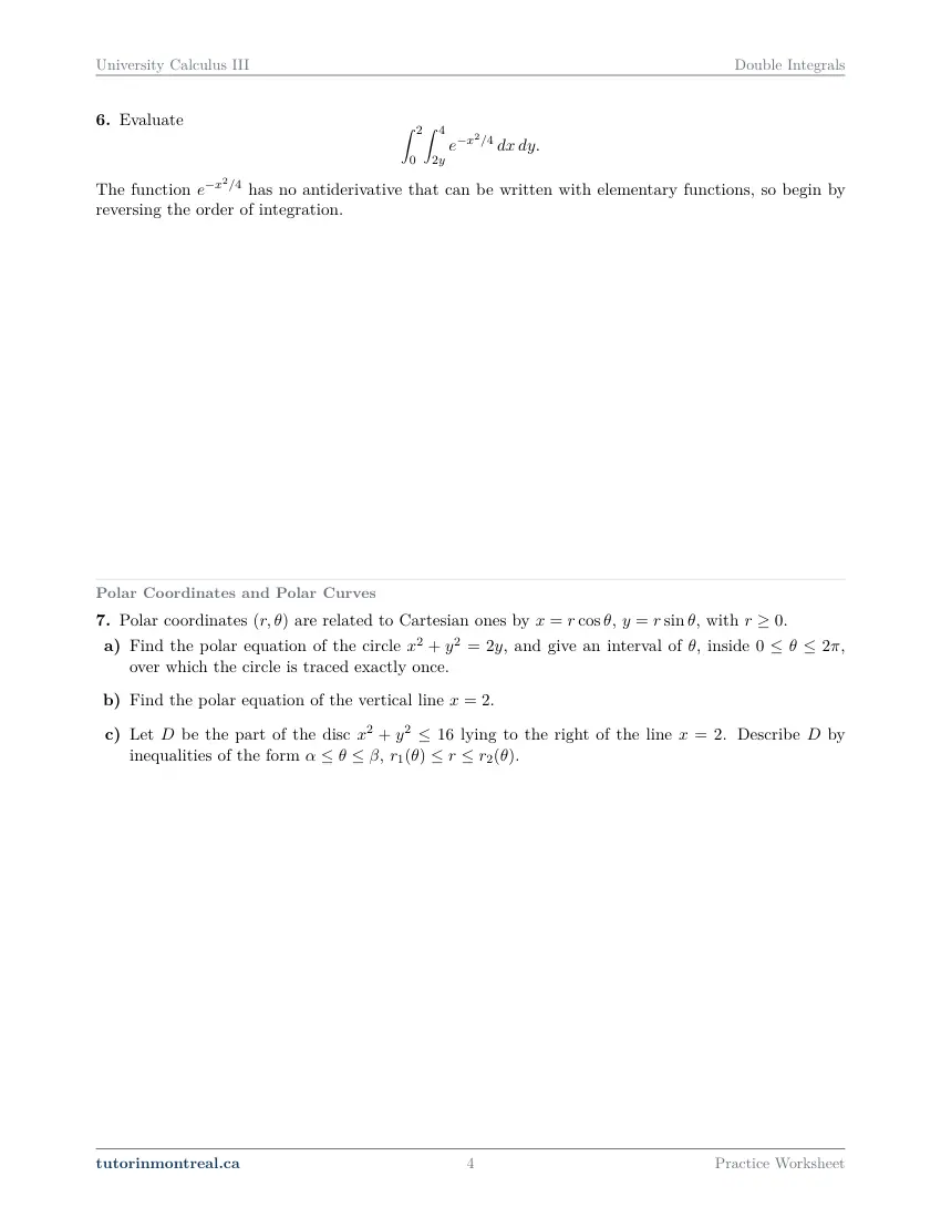 Page 4 of the University Calculus III Double Integrals practice worksheet