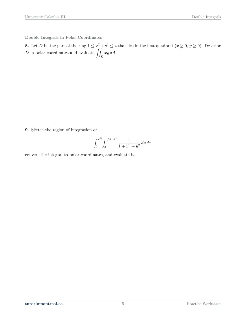 Page 5 of the University Calculus III Double Integrals practice worksheet
