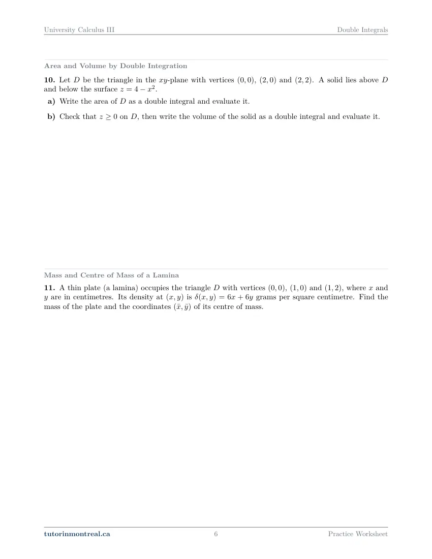 Page 6 of the University Calculus III Double Integrals practice worksheet