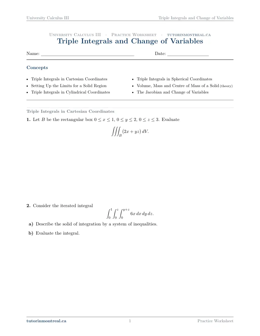 Page 1 of the University Calculus III Triple Integrals and Change of Variables practice worksheet