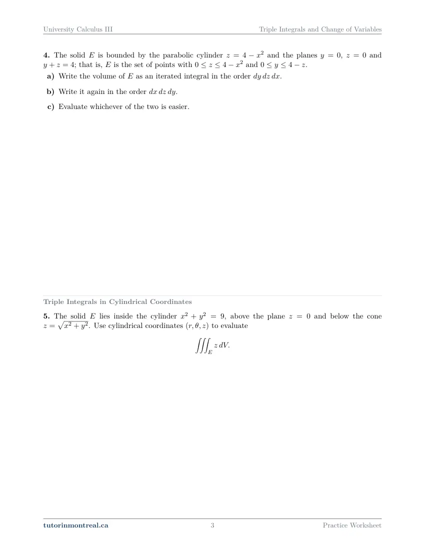 Page 3 of the University Calculus III Triple Integrals and Change of Variables practice worksheet