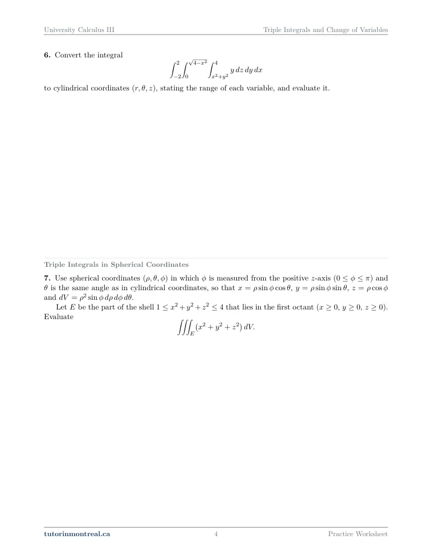 Page 4 of the University Calculus III Triple Integrals and Change of Variables practice worksheet