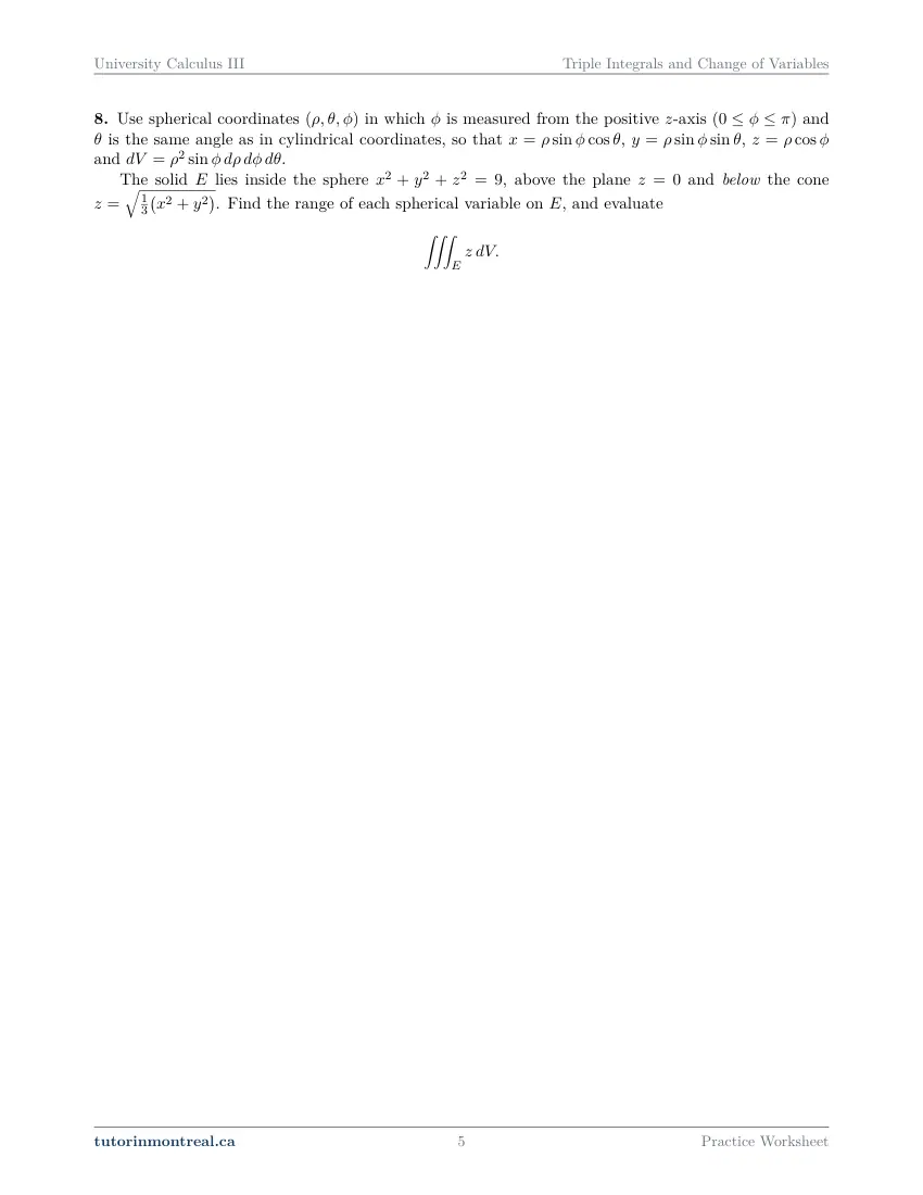 Page 5 of the University Calculus III Triple Integrals and Change of Variables practice worksheet