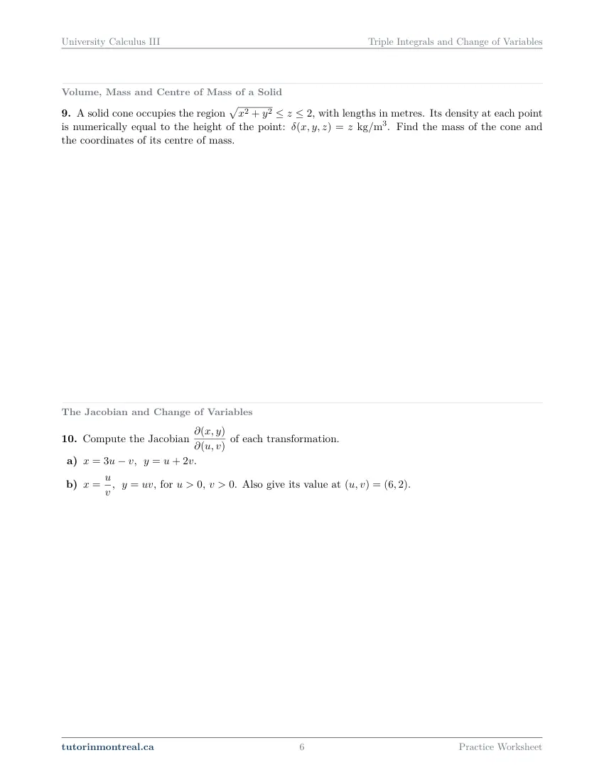 Page 6 of the University Calculus III Triple Integrals and Change of Variables practice worksheet