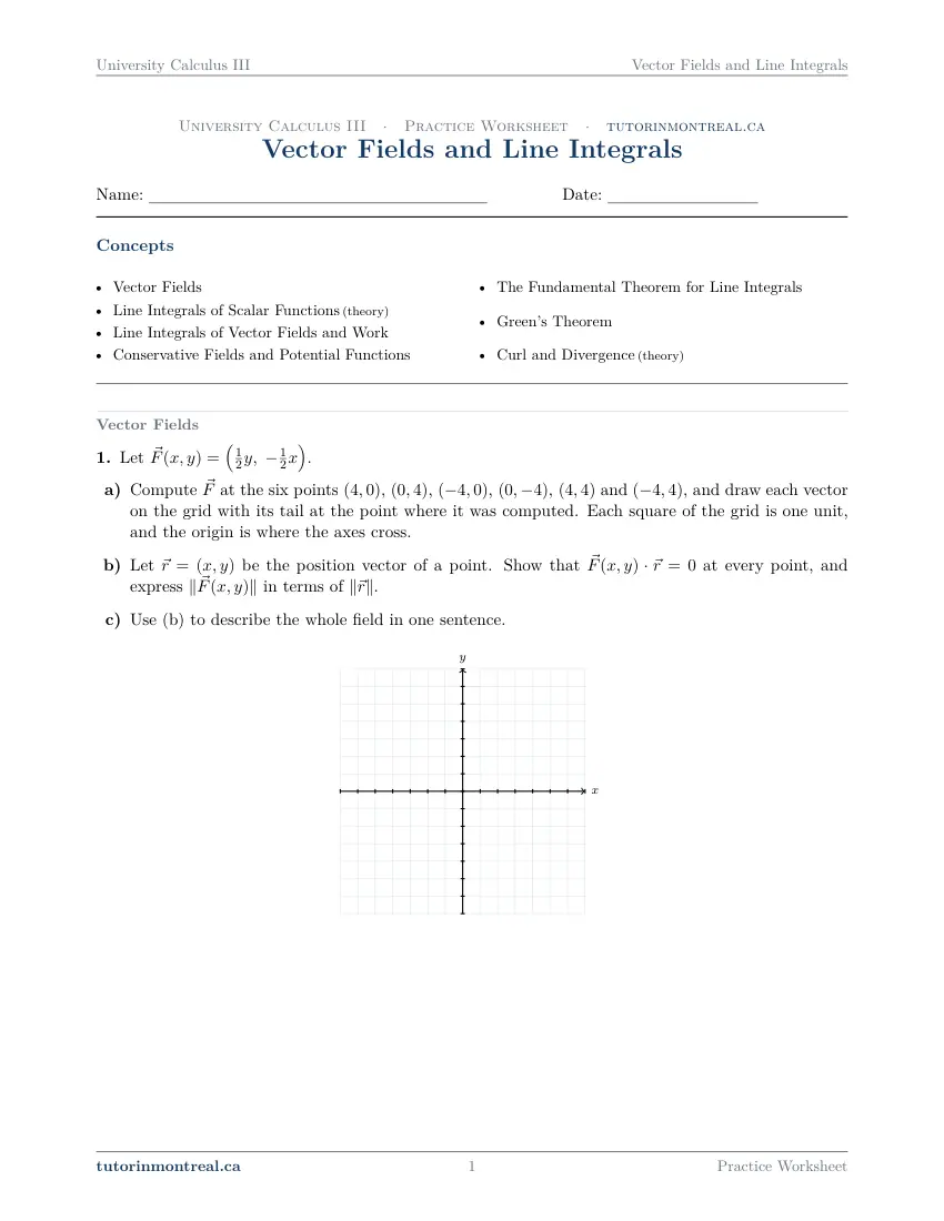 Page 1 of the University Calculus III Vector Fields and Line Integrals practice worksheet