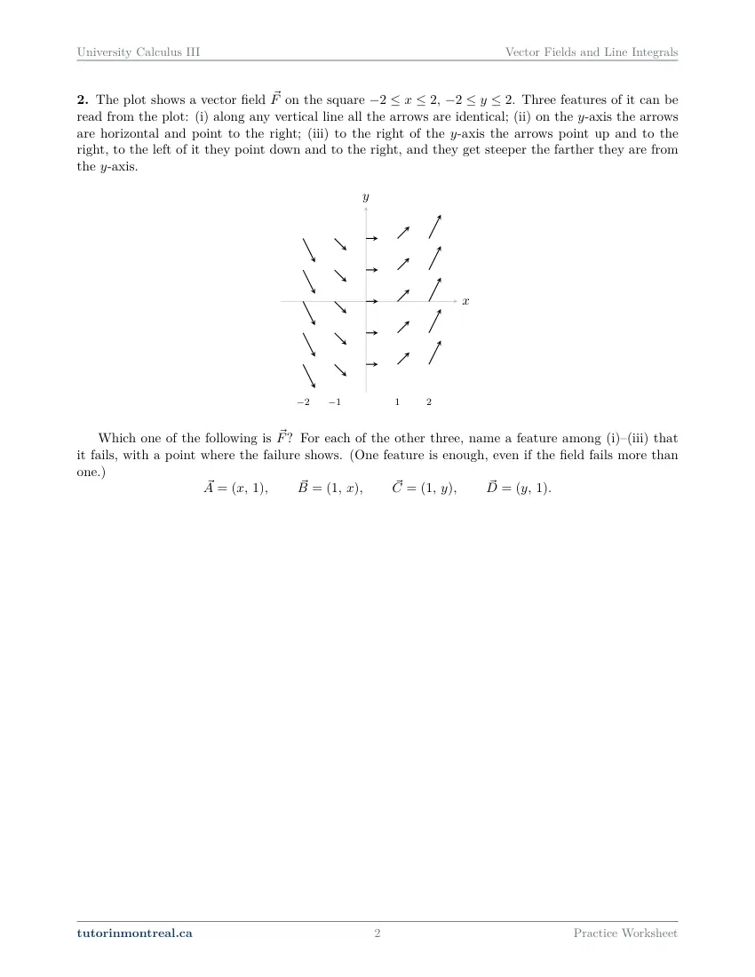 Page 2 of the University Calculus III Vector Fields and Line Integrals practice worksheet