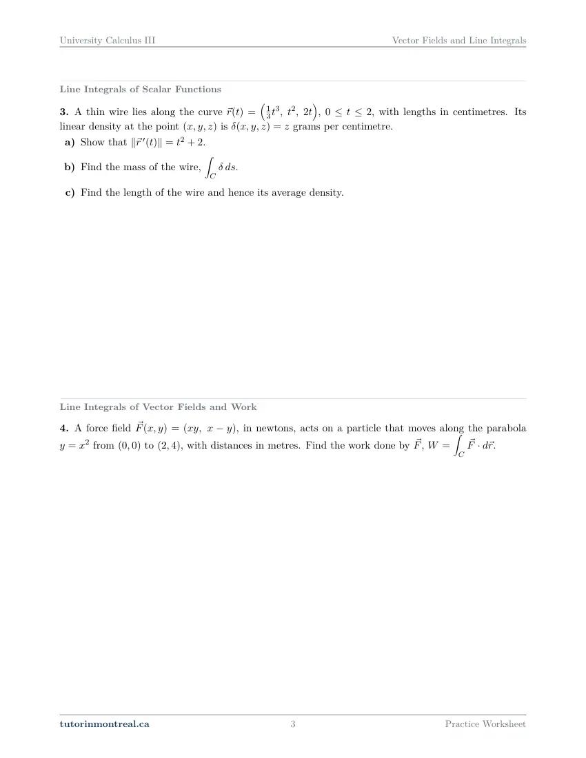 Page 3 of the University Calculus III Vector Fields and Line Integrals practice worksheet