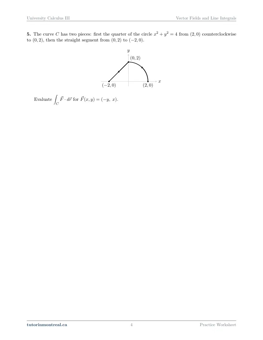 Page 4 of the University Calculus III Vector Fields and Line Integrals practice worksheet