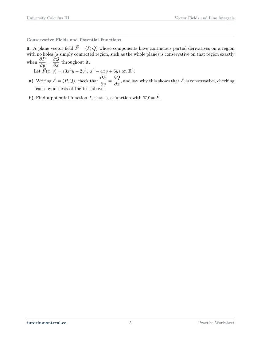 Page 5 of the University Calculus III Vector Fields and Line Integrals practice worksheet