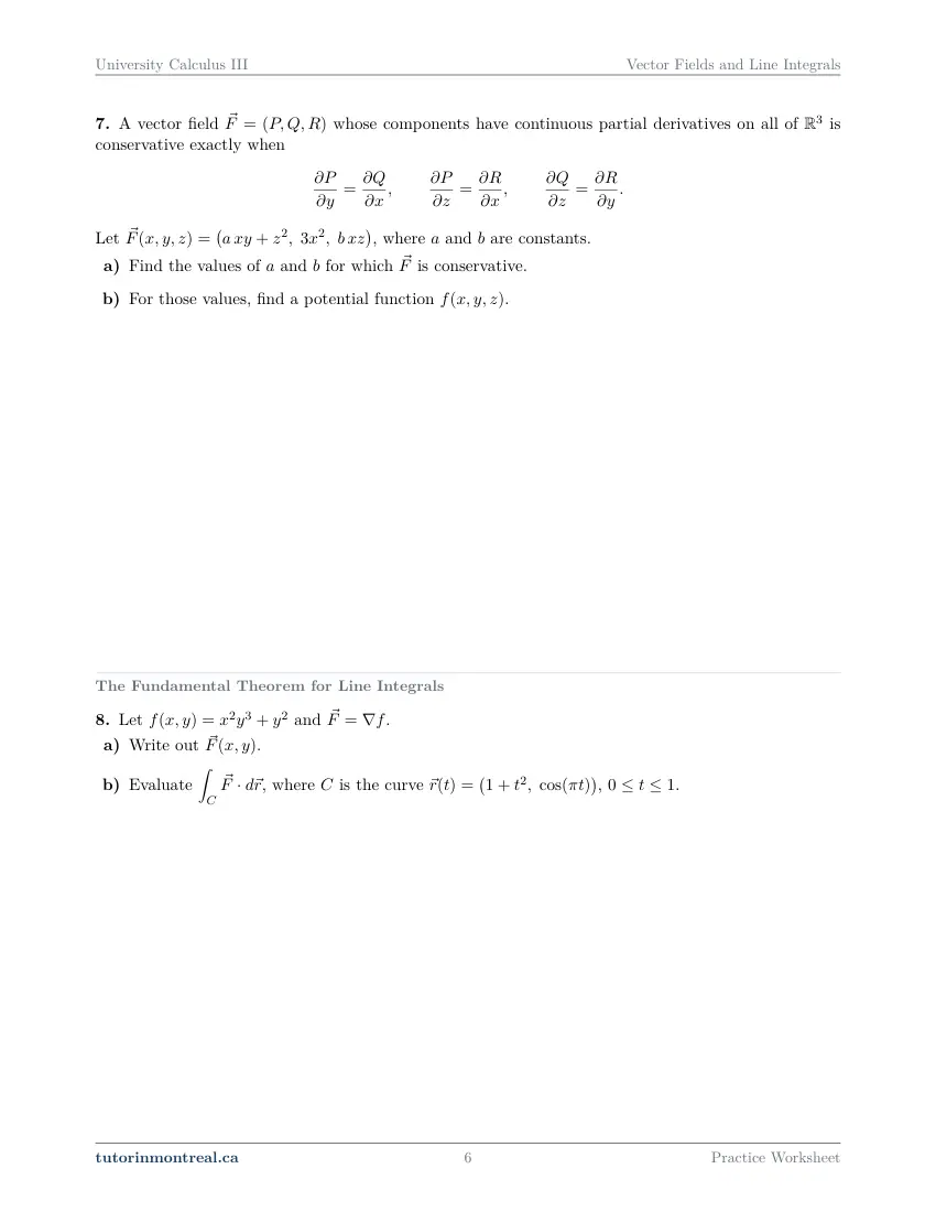 Page 6 of the University Calculus III Vector Fields and Line Integrals practice worksheet