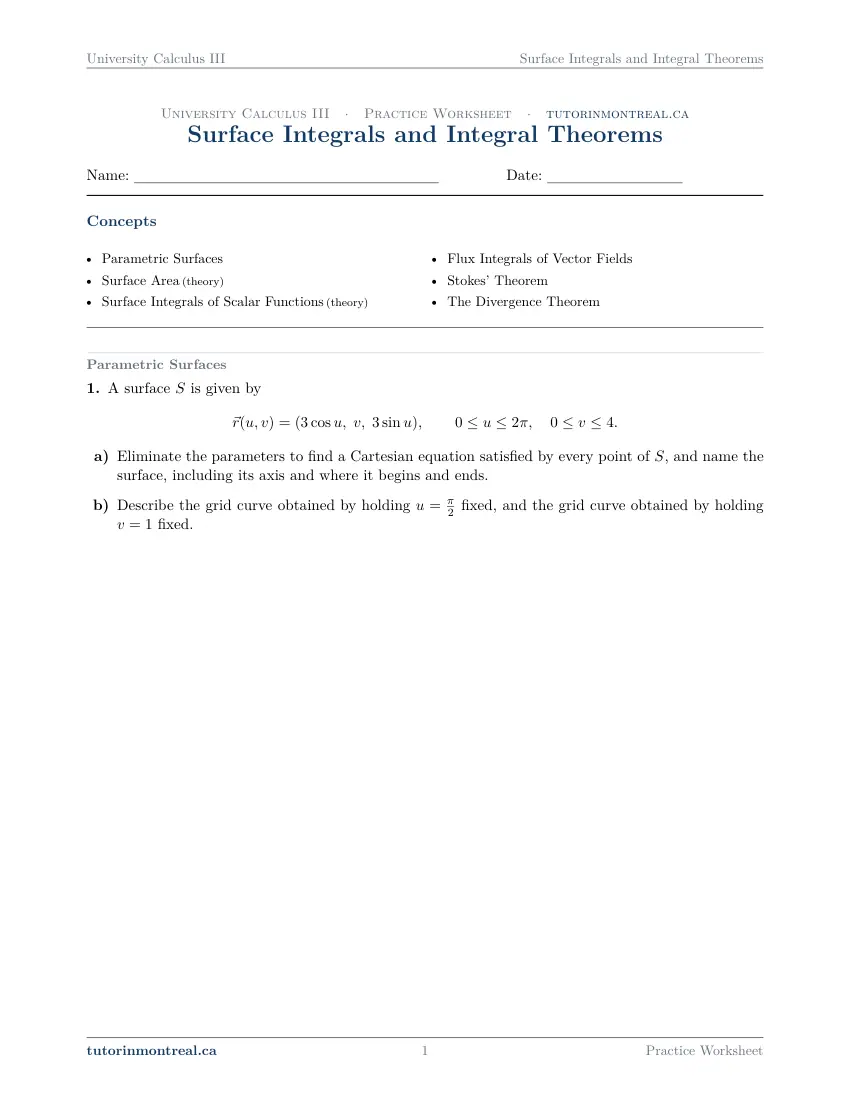 Page 1 of the University Calculus III Surface Integrals and Integral Theorems practice worksheet