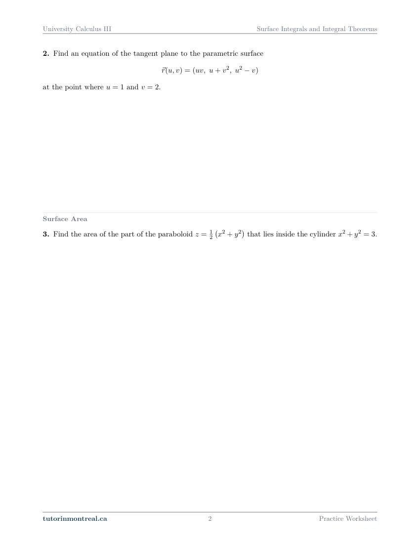 Page 2 of the University Calculus III Surface Integrals and Integral Theorems practice worksheet